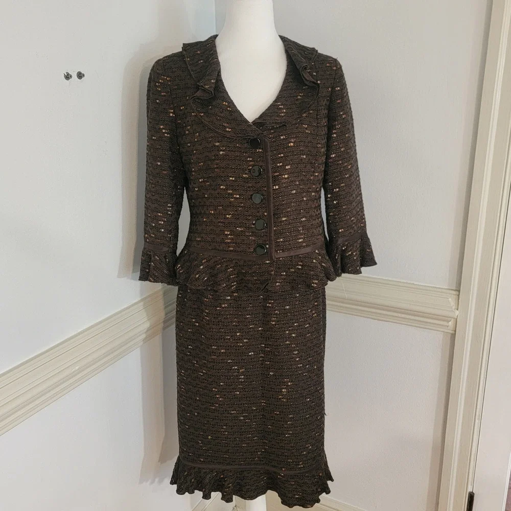 Doncaster Brown Tweed Skirt Suit Metallic Ruffle Silk Trim 2 Piece Women's 10